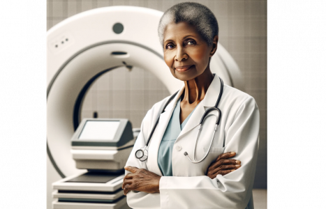 medical doctor standing in front of scanning machine for cancer in Nigeria.png