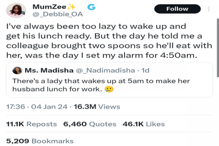 Twitter Erupts as Nigerian Woman, Debbie, Reveals Early Morning Cooking for Husband Over Co-worker's Lunch Sharing Ritual