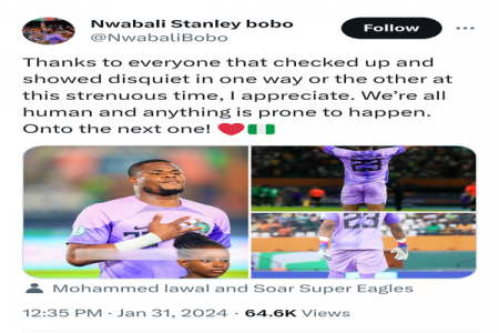 Super Eagles' Goalkeeper Nwabali's Cryptic Tweet Sparks Concerns Ahead of AFCON Quarterfinal