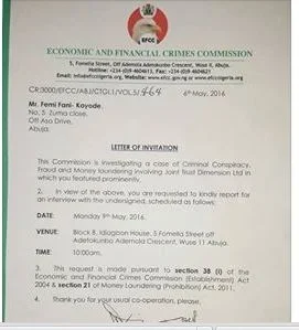 See Photo Of The Invitation Letter Efcc Served Fani Kayode